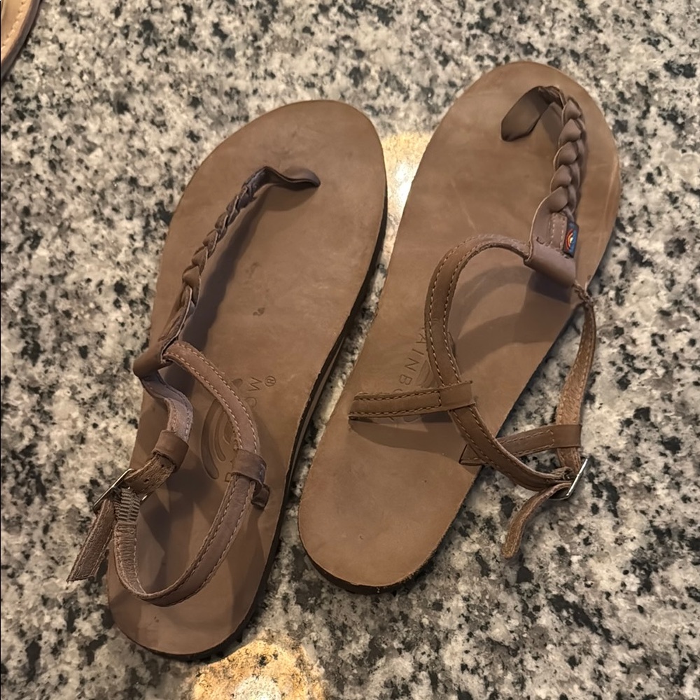 Rainbow Brown Braided Leather Thong Sandals